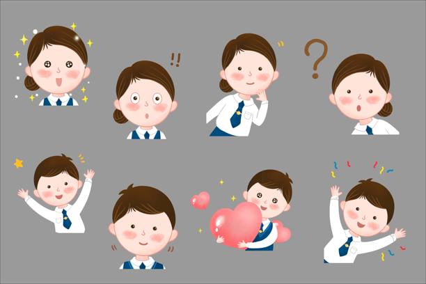 身穿白衬衫的小女孩和小男孩的可爱插画图片下载