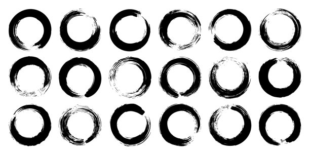 颓废的圆圈、画笔笔触、线条、墨迹污点、手绘涂鸦形状。手工绘制的草图痕迹、丙烯颜料污渍、炭笔条纹。油漆纹理、干画笔效果。矢量插画图片下载