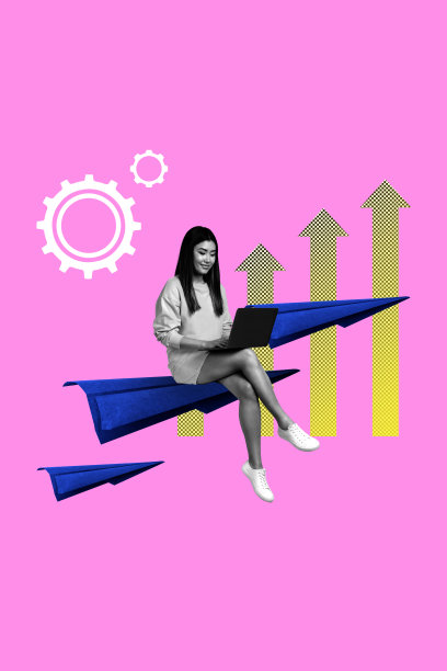 快乐女商人的素描横幅照片拼贴，象征着发展、进步、统计数据、目标、成就、增长和机遇图片下载