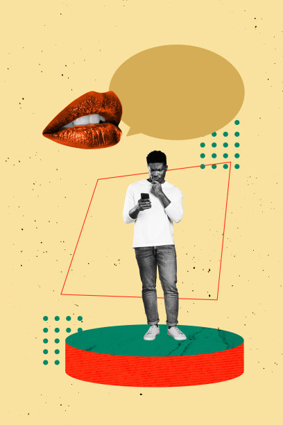 杂志流行图片横幅 3D 照片拼贴 专注的男人手持手机接收聊天气泡通知消息图标 嘴唇交谈图片下载