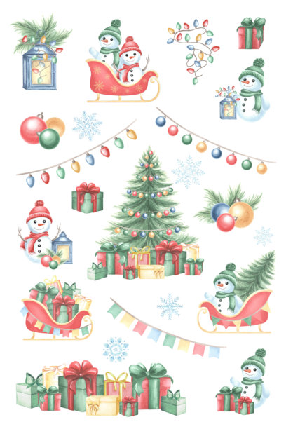 一套包含雪人、圣诞树、花环和礼盒的冬季假日水彩剪贴画。手绘的节日插画，独立呈现。可爱的儿童快乐角色，适用于明信片设计和贴纸。图片下载