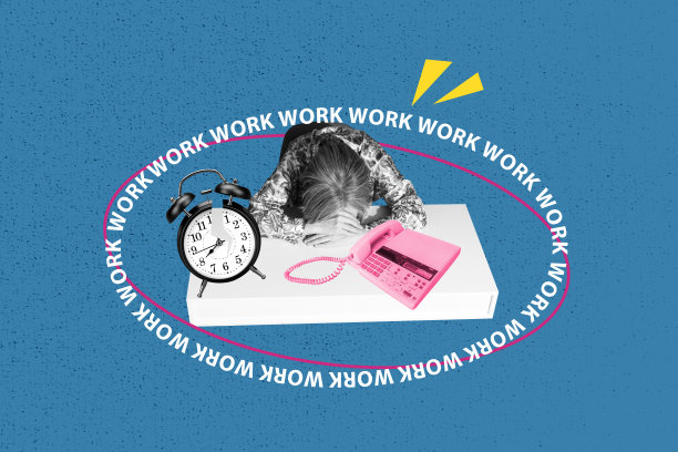 草图风格艺术作品蒙太奇，3D照片拼贴，关于商业招聘，一位年长女性的头部，放在桌上，截止日期，工作，疲惫，固定电话图片下载