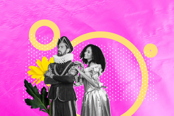 趋势照片横幅 3D拼贴画，两位快乐的中世纪王子和公主站在一起争吵，菊花，历史时期图片下载