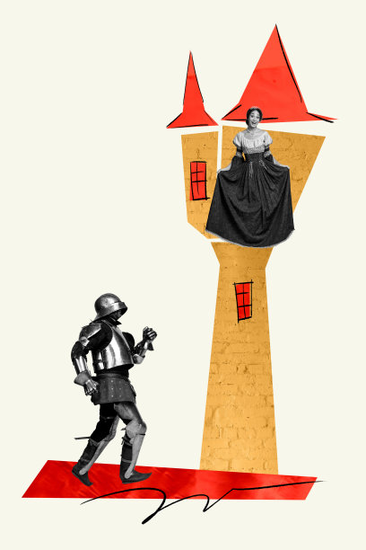 复古杂志风格的3D照片拼贴，描绘了一位戴着金属头盔的匿名战士，在古代时期奔跑，等待着公主女孩的城堡。图片下载