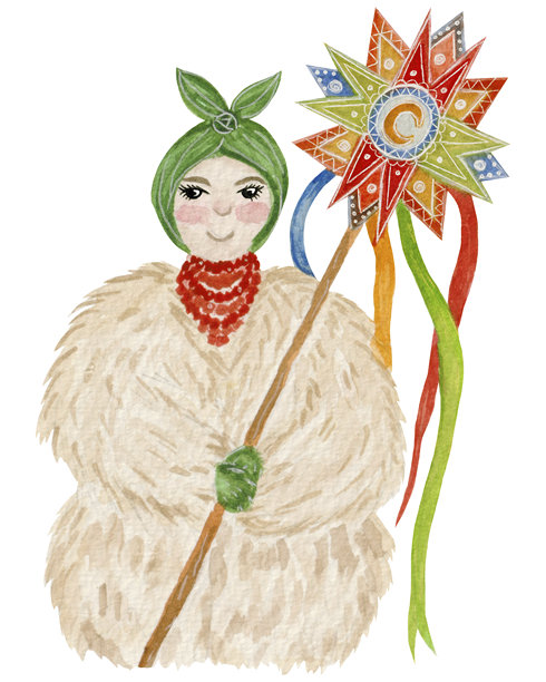 水彩插画，身着乌克兰传统冬装的女孩，带有圣诞节明亮之星的象征。图片下载