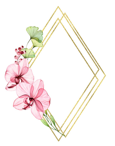 水彩透明兰花搭配金色边框。优雅的垂直卡片模板，饰有粉色花朵和闪光箔。可供文本编辑。带有植物花卉插画的卡片模板，适用于标志、婚礼设计。图片下载