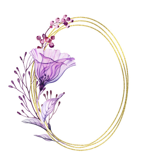 优雅的卡片模板，饰有紫色的龙胆花。水彩透明花卉搭配金色闪光边框。椭圆形竖幅横幅，留有文字空间。植物花卉插画图片下载