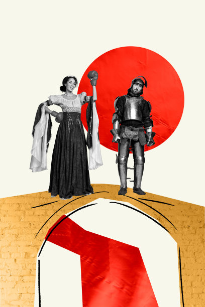 杂志流行图片横幅 3D 照片拼贴画：两位公主戴着拳击手套，一位战士穿着盔甲，站在城堡前图片下载