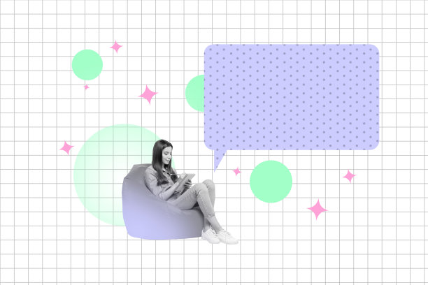 独家图片艺术垂直照片拼贴，快乐的女孩拿着笔记本写留言，沟通图标，对话短语，聊天图片下载