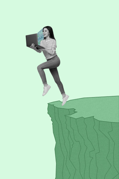 年轻女士走在悬崖边，手持笔记本电脑，宣传、媒体、虚假信息、操纵新闻的趋势组合模板 3D 照片拼贴图片下载
