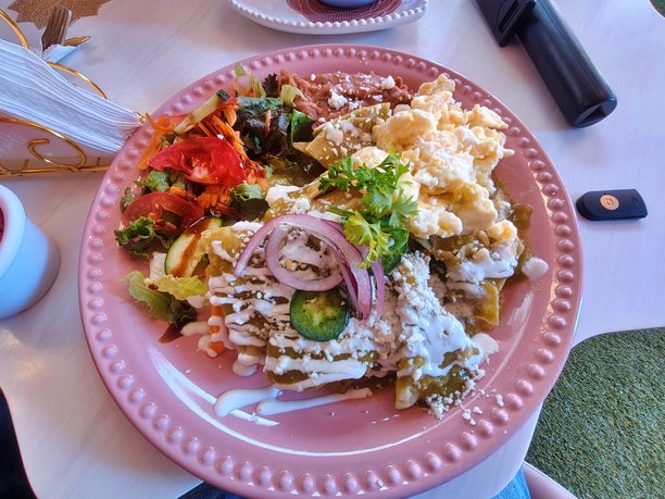 绿色的墨西哥鸡肉卷配鸡蛋和红豆，置于粉色装饰上图片下载