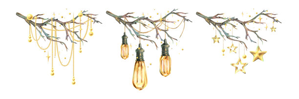 金色的星星、珠子和复古闪烁的灯饰悬挂在光秃秃的树枝上。手绘水彩插画。一套用于装饰和设计的圣诞节、新年和冬季组合。图片下载