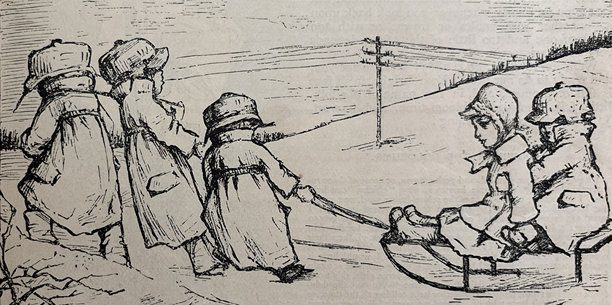 复古插画 - 孩子们在雪地里玩雪橇图片下载