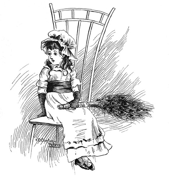 复古插画 - 一个穿着长裙、戴着帽子的年轻女孩坐在一张大椅子上图片下载