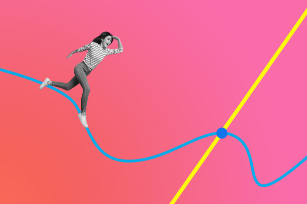 趋势照片横幅 3D拼贴画，描绘了一个快乐的女商人在奔跑，线条涂鸦，目标，成就，进步，机会，成长。图片下载