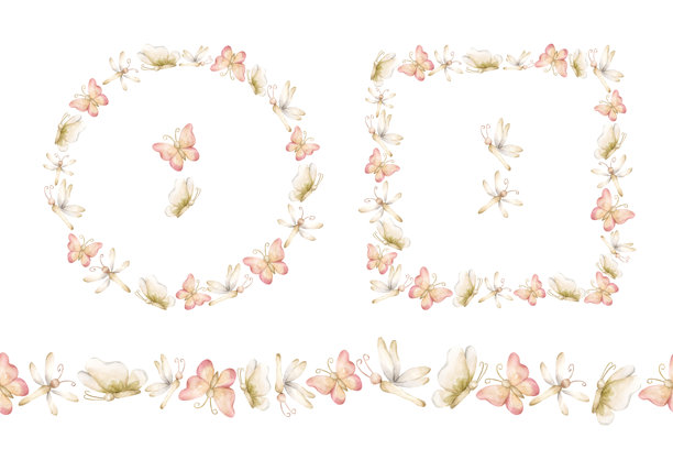 可爱的蝴蝶蜻蜓昆虫花环边框无缝花边集合。夏日粉彩色中性色孤立水彩插画图片下载