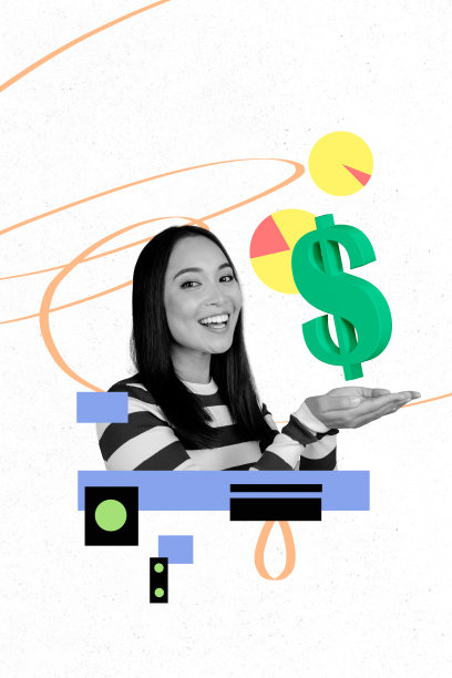 潮流艺术创意手绘，年轻女士肖像3D拼贴，微笑，手持美元图表，储蓄，投资，经济，收入，市场图片下载
