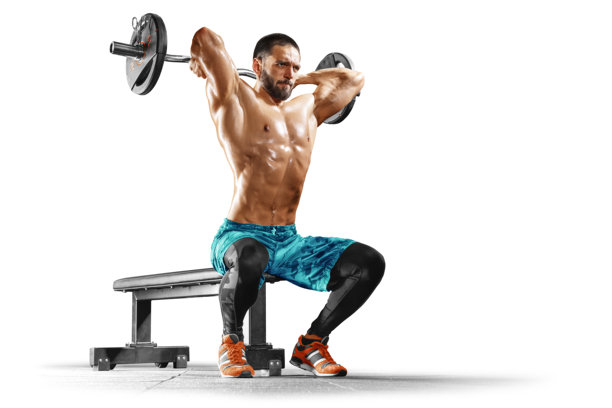 健身男性。健壮的年轻男子在白色背景上锻炼。肌肉发达的健身模特使用哑铃、杠铃和健身器材锻炼的照片。健身与健康理念。孤立的。图片下载