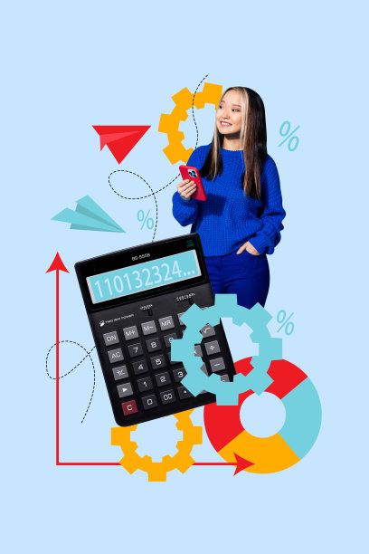 年轻女士手持智能手机和计算器，脸上带着微笑，计算着数字，背景是齿轮交易者、目标、成功和统计数据的三维照片拼贴。图片下载