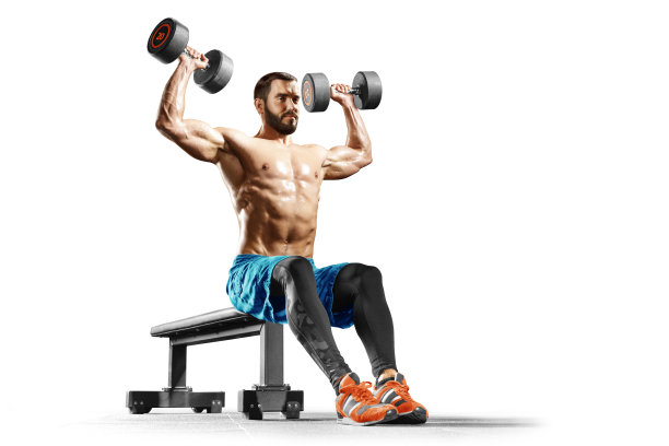 健身男性。健壮的年轻男性在白色背景下锻炼。肌肉发达的健身模特使用哑铃、杠铃和健身器材锻炼的照片。健身与健康概念。孤立的。图片下载