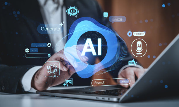 商务人士使用笔记本电脑，展示未来感人工智能全息界面，界面上显示科技图标和数字通信工具，背景为创意现代概念。图片下载