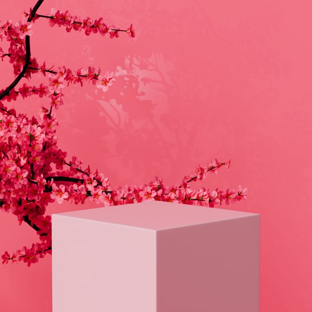 3D粉色立方体讲台，配以樱花枝。浪漫春季奢华概念。明亮极简的影棚场景，带有柔和阴影，适合化妆品、香水、珠宝品牌。3D渲染。图片下载
