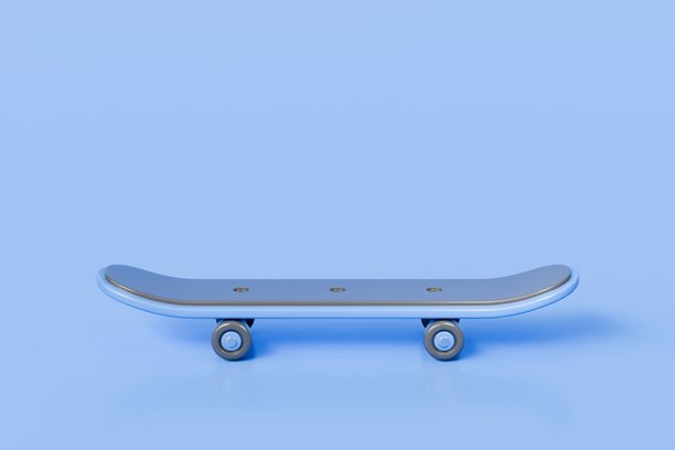 3D滑板图标。青年生活方式。带有漂浮的逼真极限运动装备的广告模板。简约卡通写实风格的蓝色滑板，孤立在蓝色背景上。3D渲染。图片下载