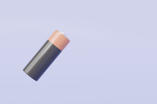 3D写实电池图标。极简卡通电池图标设计，孤立在紫色背景上。电力能量电池设备概念。图形元素图标极简设计。3D渲染。图片下载