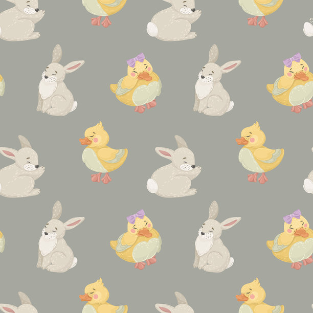 可爱的婴儿鸭子和兔子无缝图案，春季鸟类和兔子插画图片下载