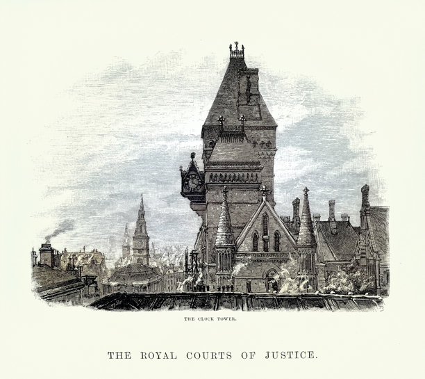 伦敦皇家法院钟楼，维多利亚哥特复兴式建筑，复古插画，19世纪80年代，19世纪图片下载