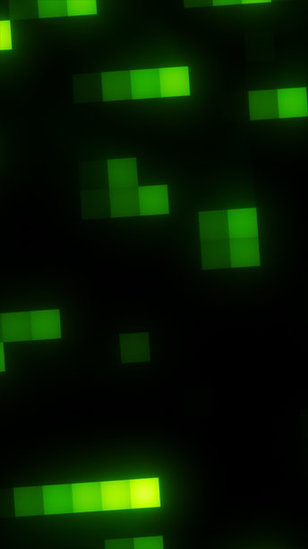 抽象的绿色像素块在黑暗的背景上漂浮，形成复古科技美学的数字矩阵风格图案图片下载