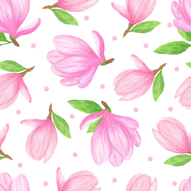 玉兰花和叶子无缝图案，花卉重复装饰，带有叶子和花朵的插花，简约水彩插画，适用于面料、纺织品、时尚现代装饰理念图片下载