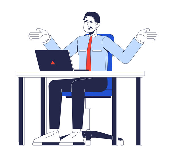 沮丧的亚洲办公室职员在办公桌前，二维卡通人物图片下载