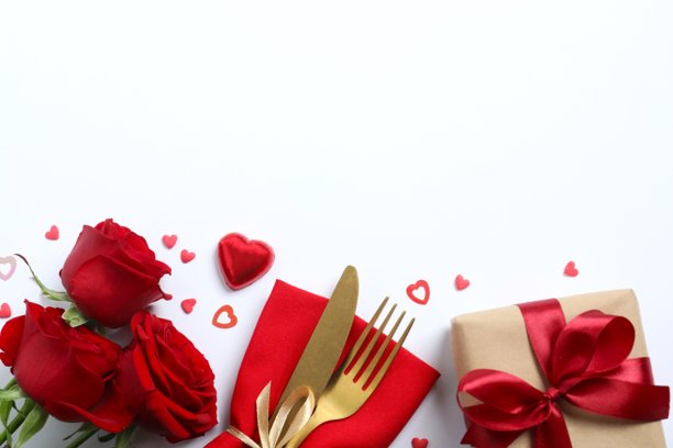 情人节概念。俯视照片，白色背景上有餐具、红玫瑰、礼品盒和纸屑，并留有空白空间图片下载