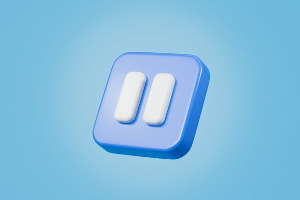 3d写实暂停图标。蓝色圆形暂停按钮，用于启动多媒体，具有简洁多彩的视频概念，音频播放。极简卡通手表按钮，孤立在蓝色背景上。3d渲染。图片下载