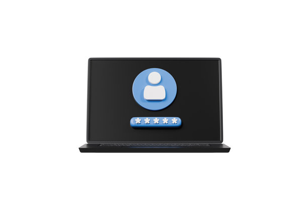 3D笔记本电脑带有密码登录界面图标。极简安全系统。用户认证。身份验证。孤立的笔记本电脑设备显示屏，带有密码登录界面。3D渲染。图片下载