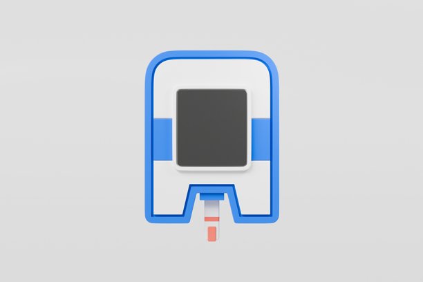 3D 血糖仪图标。医疗与健康，糖尿病概念。极简卡通设备，在白色背景上检查血糖水平，配有血糖仪和胰岛素泵。3D渲染。图片下载