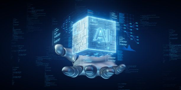 机器人手握着人工智能立方体，背景为数字数据图片下载