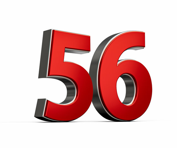 醒目鲜艳的红色数字五十六（56），搭配时尚的白色金属质感背景，3D插画图片下载