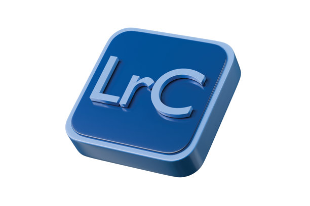 3D LRC 应用按钮图标。照片编辑目录概念。极简卡通风格的照片编辑器Logo徽章，适用于应用商店横幅和UI主图。孤立在白色背景上。3D渲染。图片下载