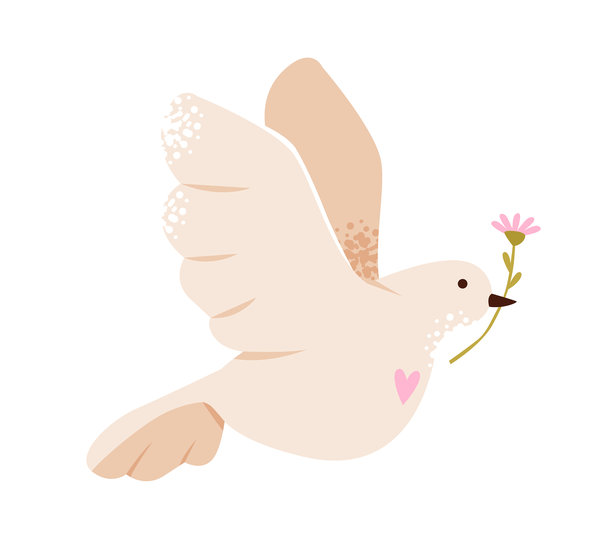 一只飞翔的鸽子衔着一朵花，象征着和平、爱与和谐，采用柔和的粉彩色调。扁平化矢量插画。图片下载