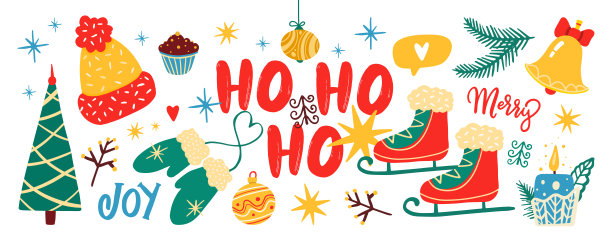 圣诞节和新年假日插画，配有“Ho Ho Ho”文字图片下载
