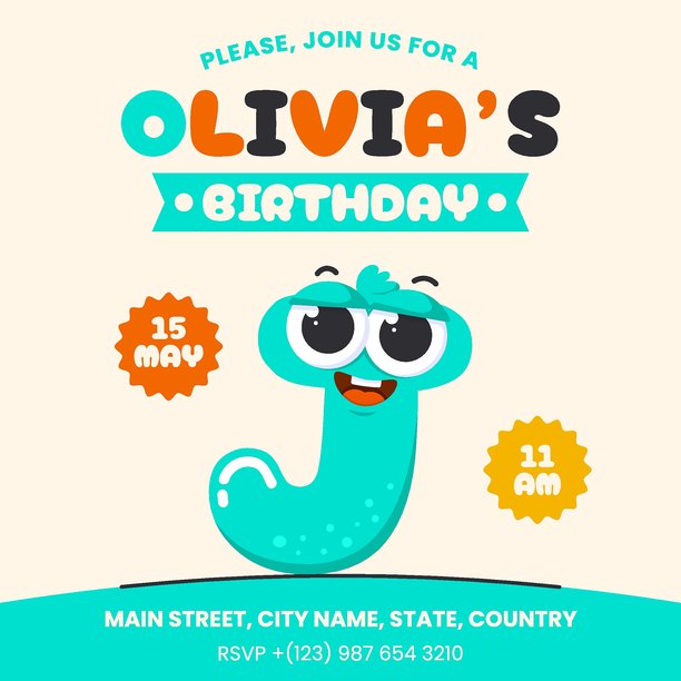 儿童生日派对的问候和邀请函模板。可爱的卡通人物，儿童扁平化风格。矢量插画，用于海报、活动、庆祝设计。图片下载