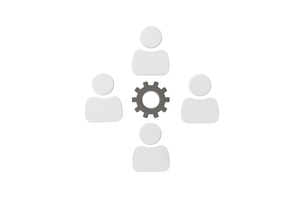 团队协作管理概念的3D齿轮和四个人物图标。适用于应用程序仪表板UI SaaS的极简卡通团队分组人力资源工作流程。孤立在白色背景上。3D渲染。图片下载