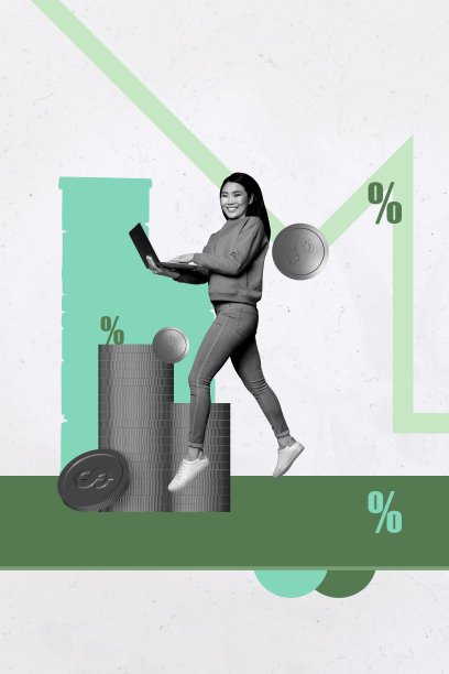 时尚艺术创意竖版照片拼贴，一位快乐的女商人生动地站在展示硬币、图表、发展统计数据、金钱、美元和收入的画面上。图片下载