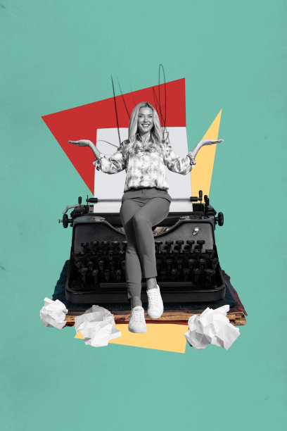 素描风格的时尚照片拼贴，描绘快乐的女孩和男孩站在复古打字机前，进行小说写作、图书馆、虚构故事创作。图片下载