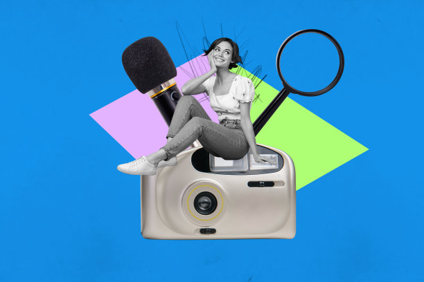 创意拼贴插画：快乐的女孩和男孩坐在复古相机前，拍摄狗仔队，使用放大镜研究，并进行卡拉OK派对。图片下载