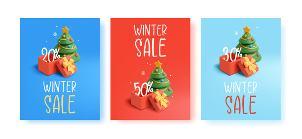 冬季促销海报套装，包含打折的3D打开的礼物和圣诞树。用于商品、产品和服务的促销特别优惠。矢量插画。图片下载