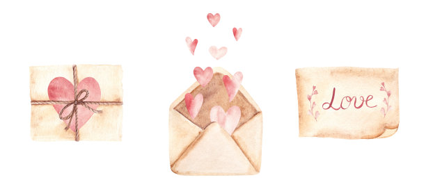 一套老式复古情书，带有粉色心形和“爱”字。手绘水彩插画，孤立在白色背景上。非常适合情人节卡片、浪漫社交媒体帖子、婚礼祝福和情书设计。图片下载