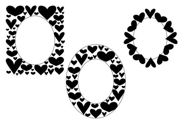 心形情人节椭圆形矩形边框模板集。矢量图形黑白线条插画。适用于徽标、网页、包装、贴纸。图片下载